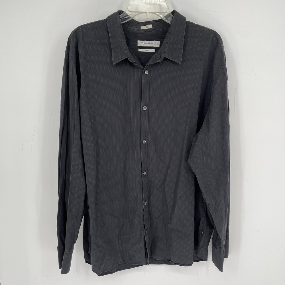 Calvin Klein Men's Black Pinstripe Slim Fit Cotton Button Front Shirt Size XXL